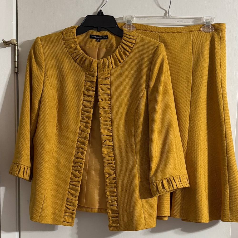 Preston and York Mustard Yellow Ruffled Blazer and Skirt Set